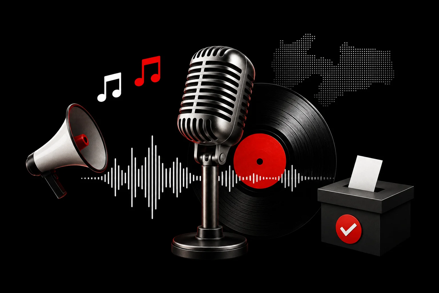 Jingles com IA - Microfone, disco de vinil e elementos musicais